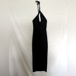 LBD tie at neck fitted black dress. Mid calf length, stretchy.